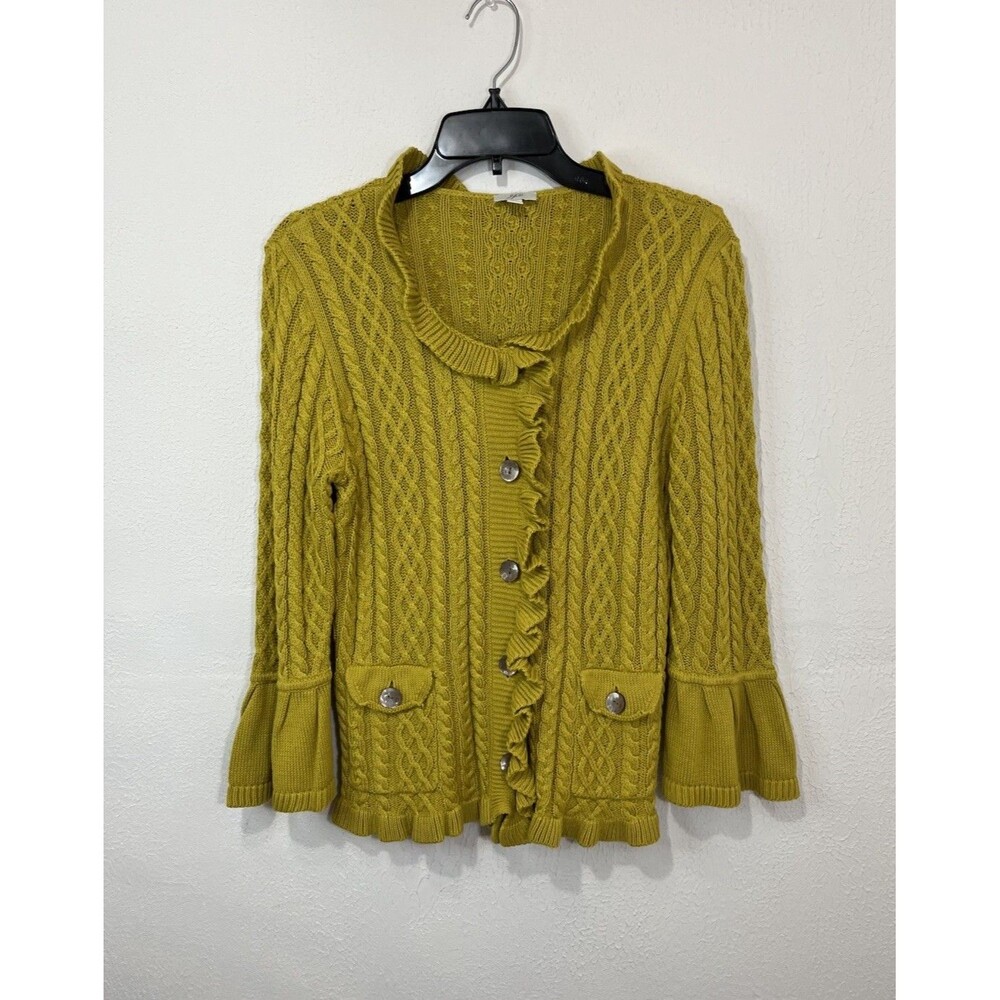 J Jill Mustard Cable Knit Cardigan with Ruffle Trim & Bell Sleeve Size Small